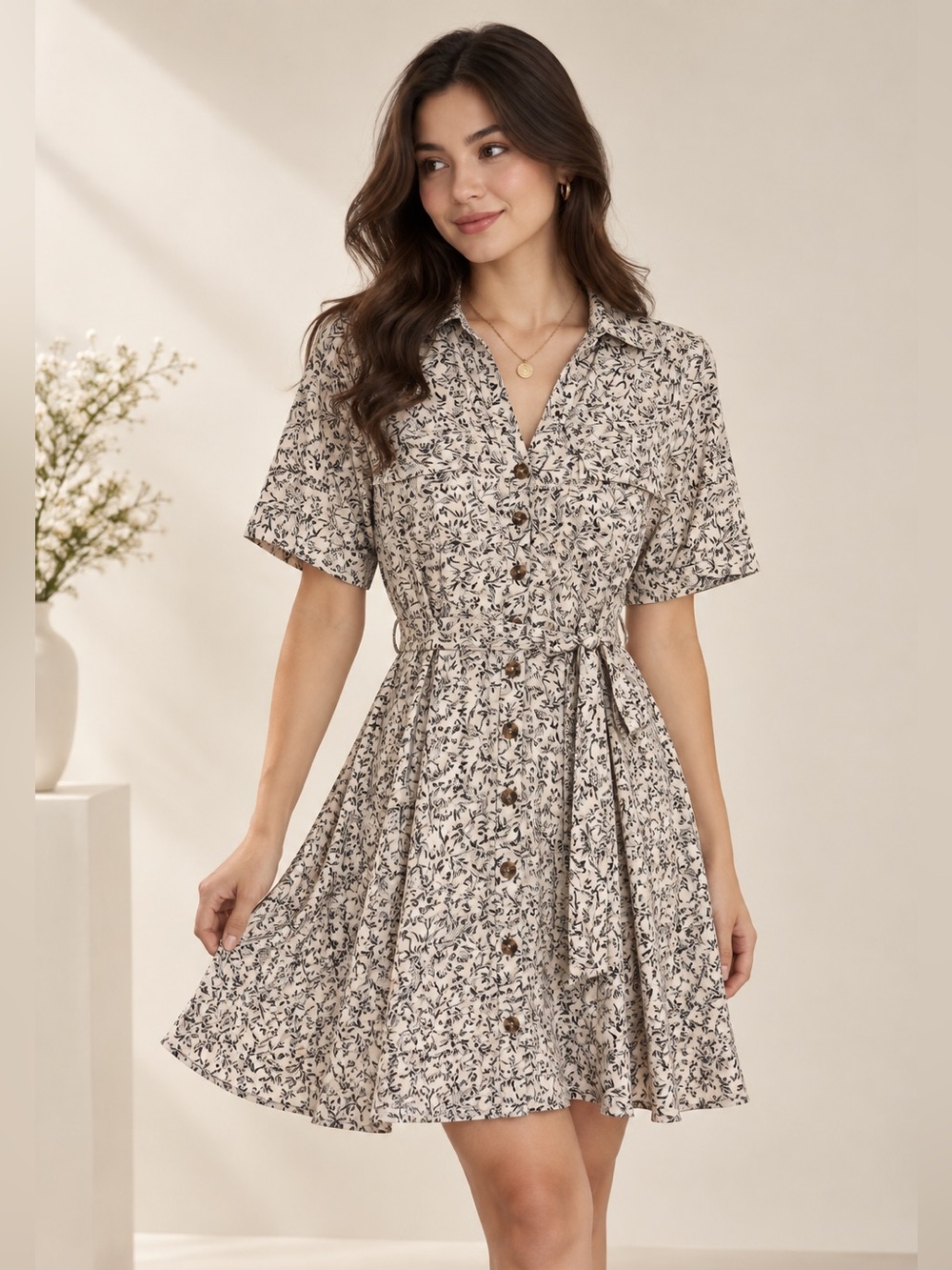 H&M Floral Print Belted Shirt Dress Size S